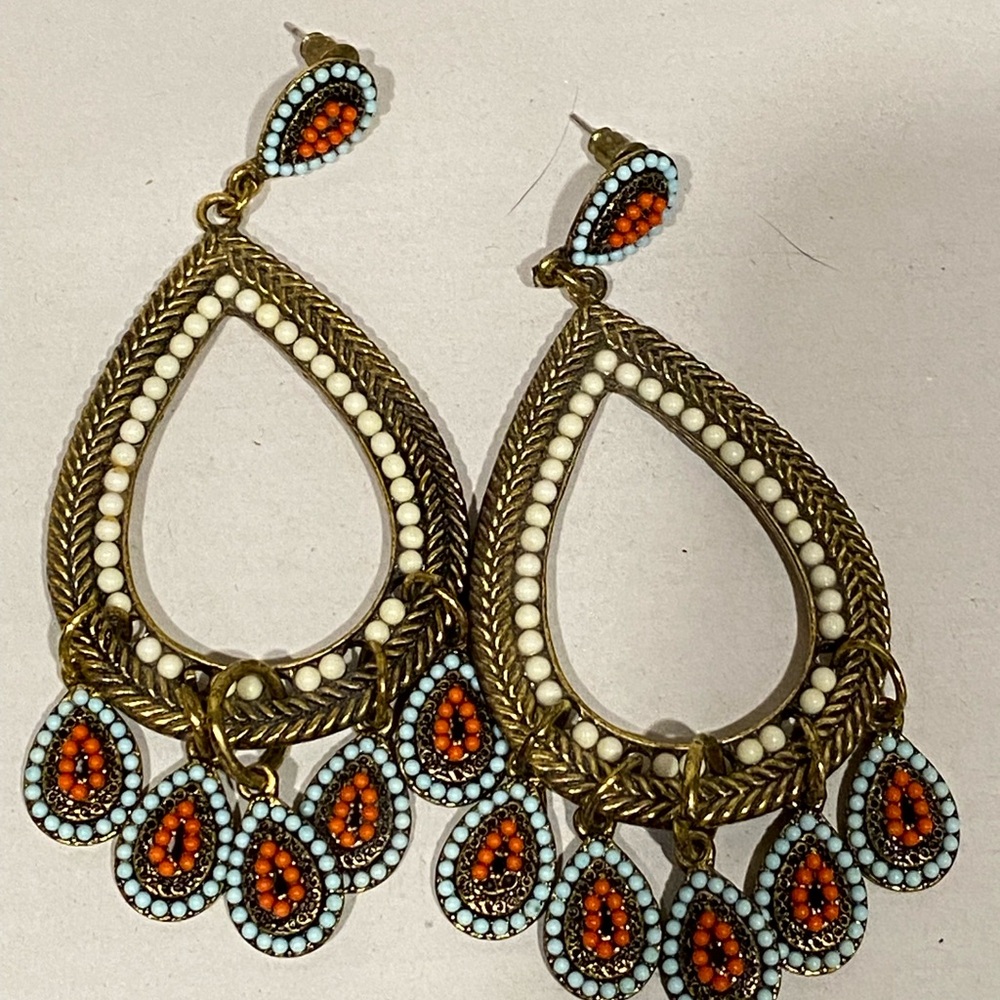 Bohemian Teardrop Earrings with Orange and White Accents